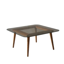 Hanah Home Mesa de Centro 80x80 cm Bronce con Estructura de Cristal Templado y Patas de Madera de Haya, Fabricada en Pino Macizo